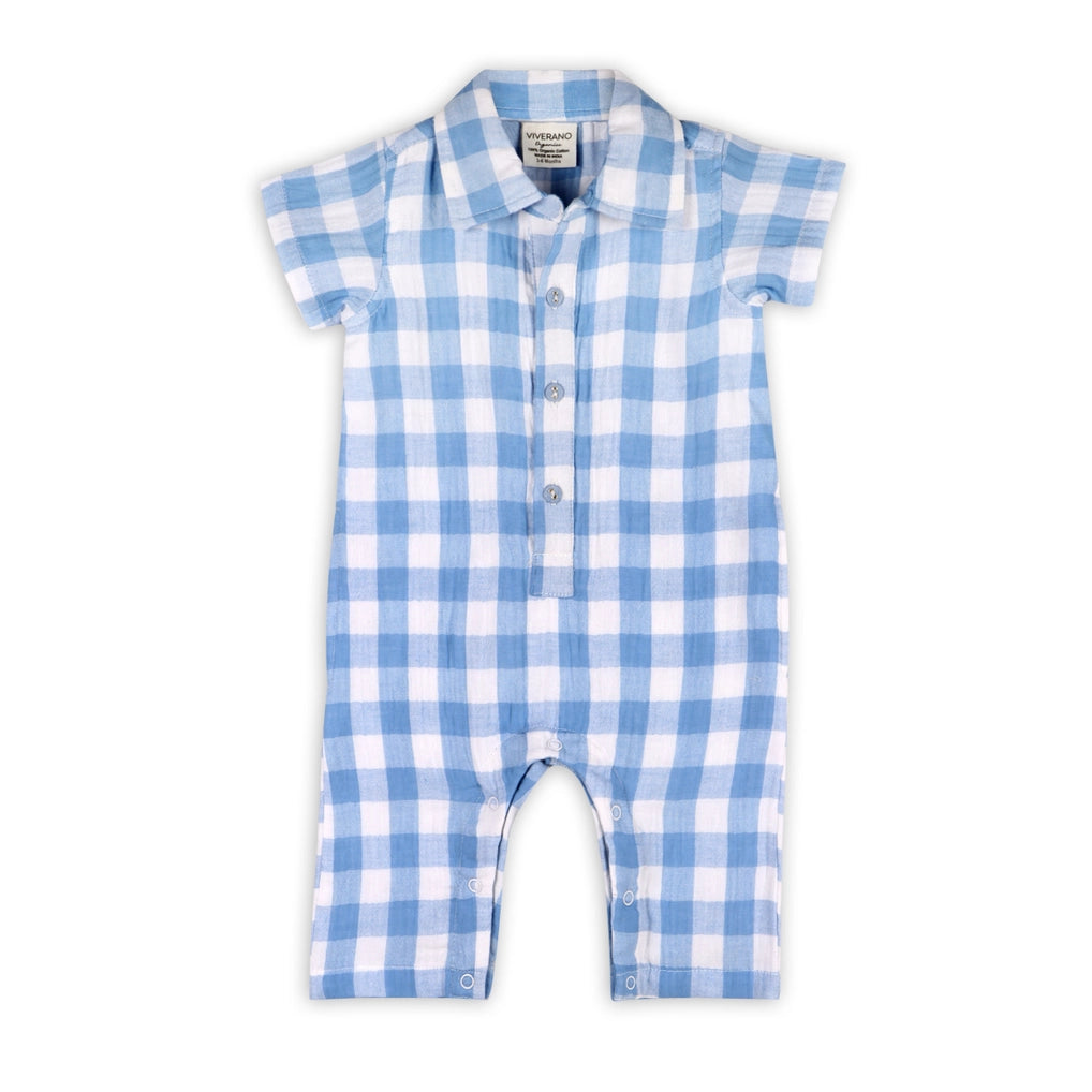 August Blue Gingham Cargo Romper Viverano Organics – City